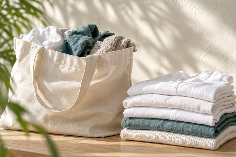 Laundry tote and neatly folded clothing — illustrative scene