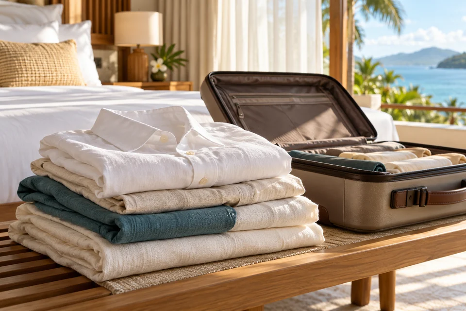 Freshly folded clothes beside a travel suitcase — illustrative scene