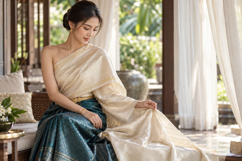 Thai silk clothing in ivory and petrol — an illustrative delicate-care scene