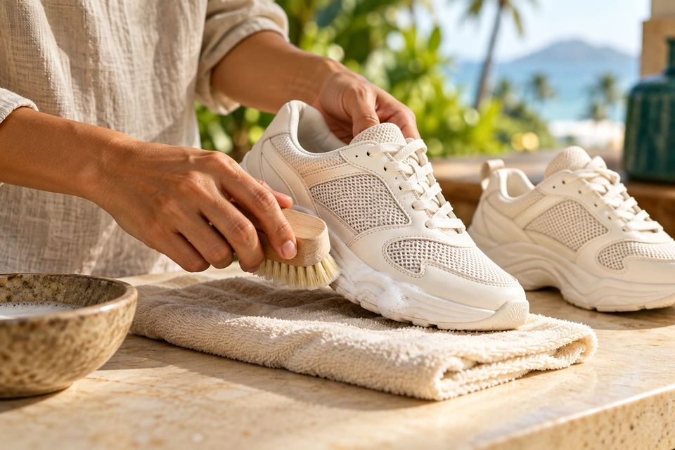 Hands gently cleaning a sneaker — illustrative scene